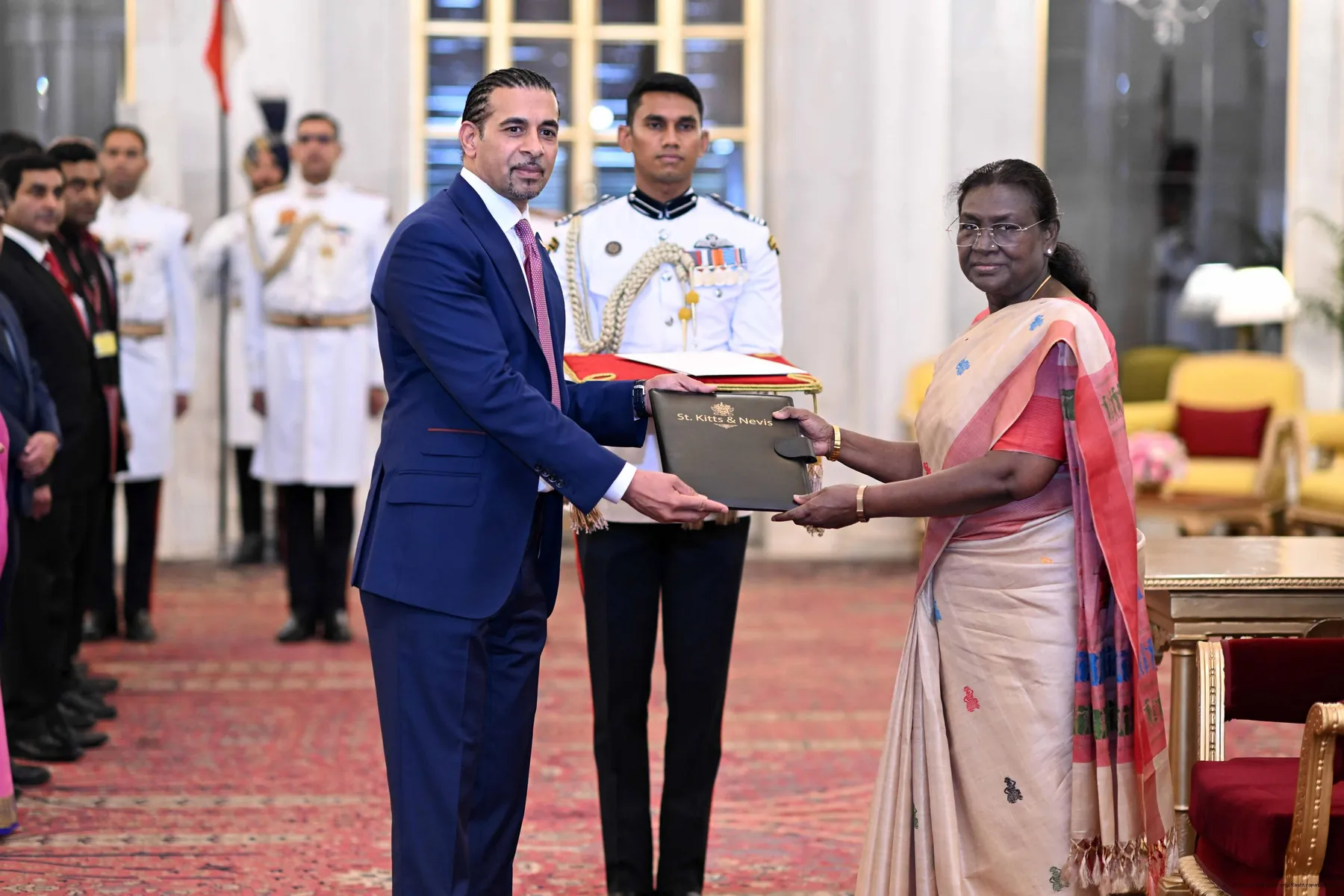 Gurdip Dev Bath presenting credentials to President Droupadi Murmu